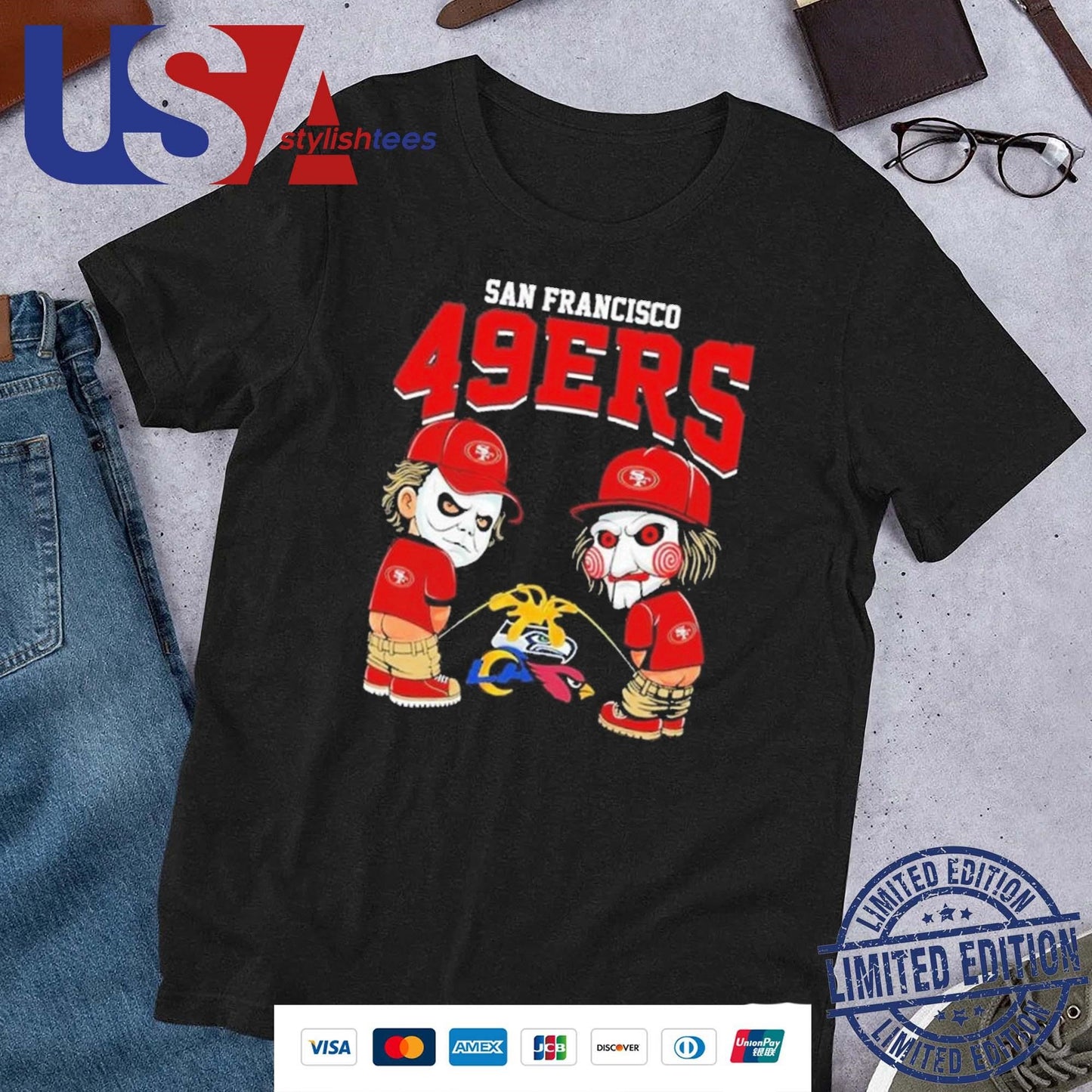 Michael Myers And Billy The Puppet X San Francisco 49ers Pee On NFL Teams Halloween 2024 Shirt