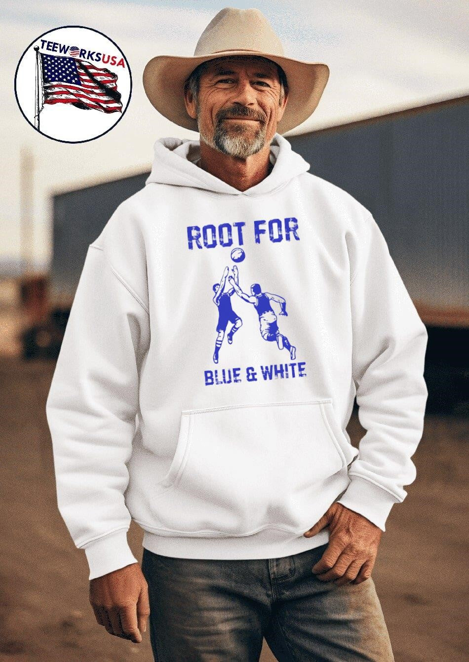 Root for the blue and white shirt