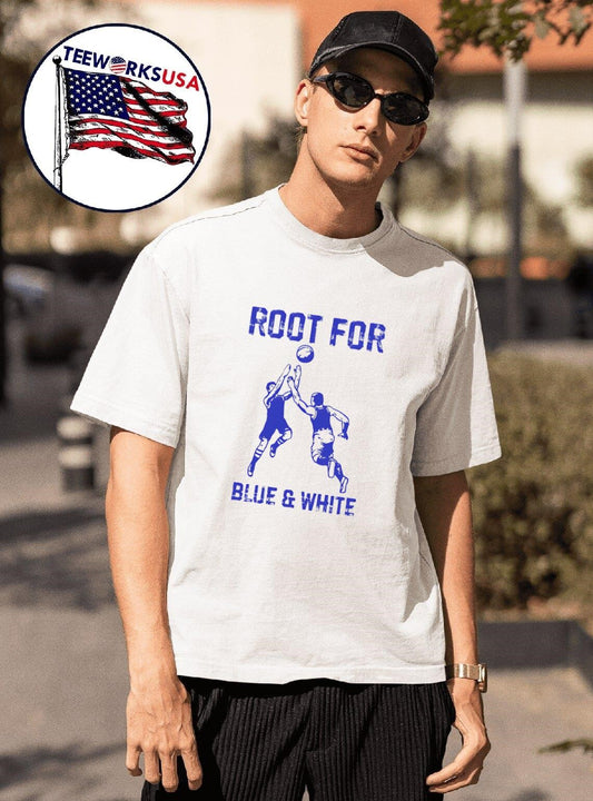 Root for the blue and white shirt