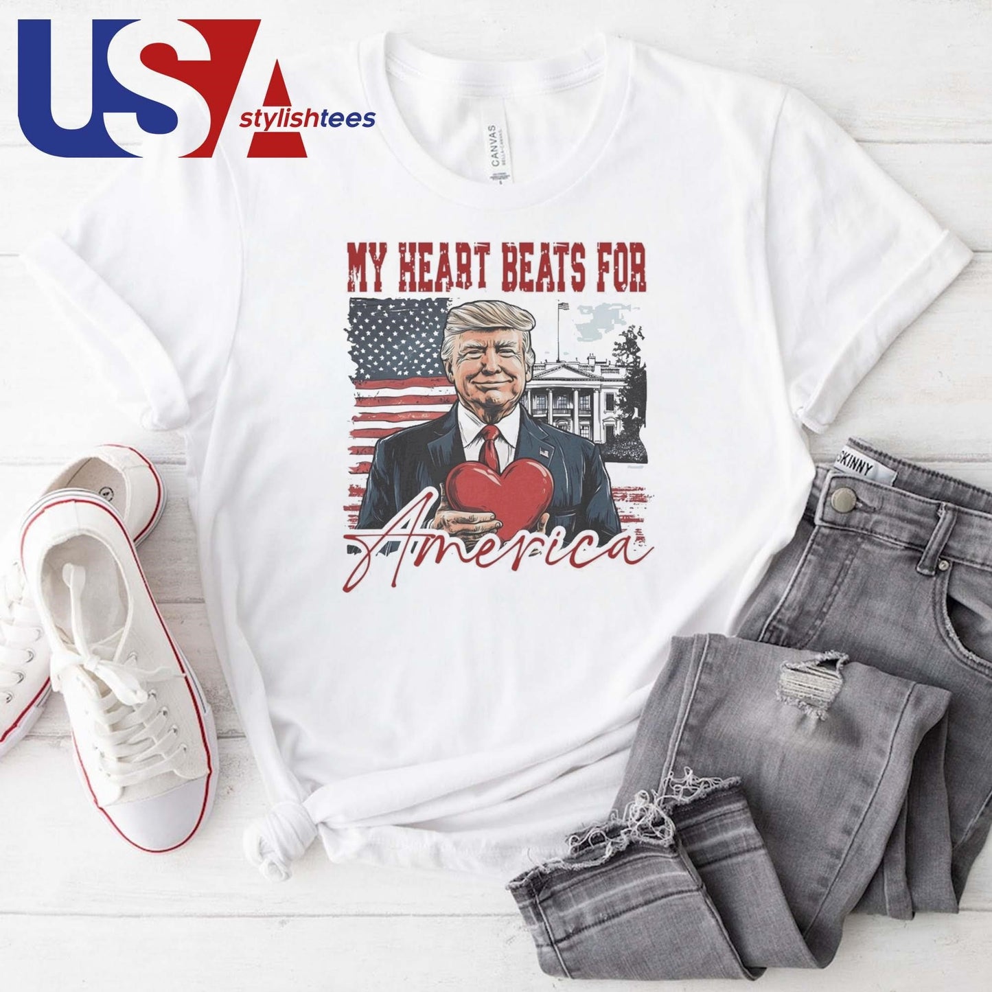 Trump Valentine My Heart Beats for America 2025 T-shirt