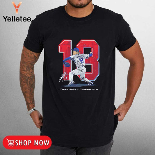 Yoshinobu Yamamoto Los Angeles Dodgers landmark 18 signature shirt