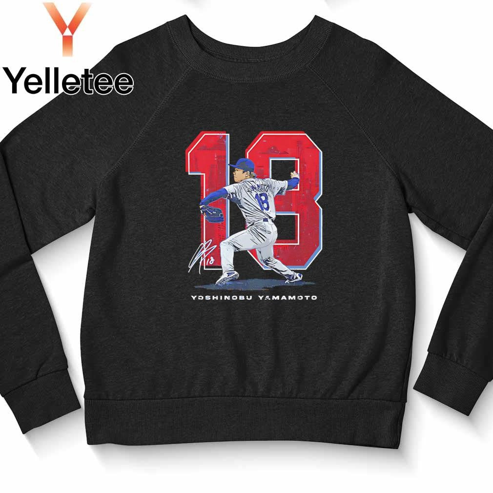 Yoshinobu Yamamoto Los Angeles Dodgers landmark 18 signature shirt