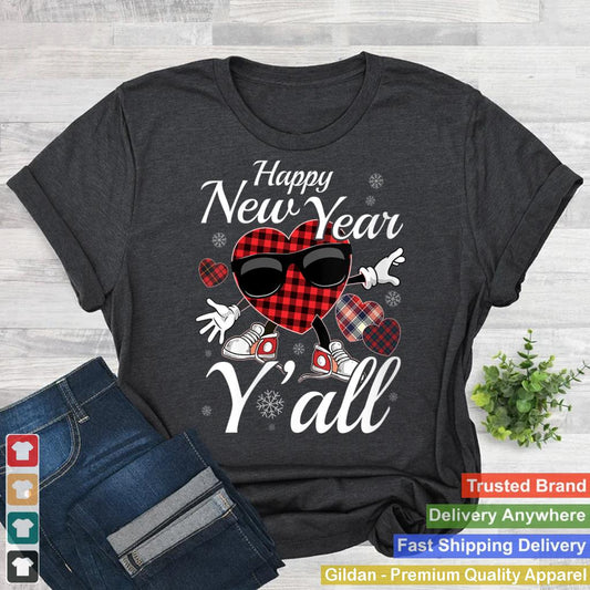 Womens Happy New Year Yu2019all Cute Buffalo Plaid Hearts V-Neck