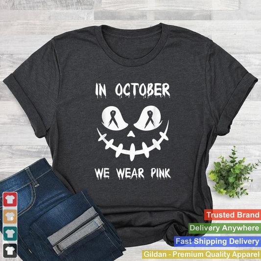 In October We Wear Pink Breast Cancer Jackolantern Halloween T Shirt