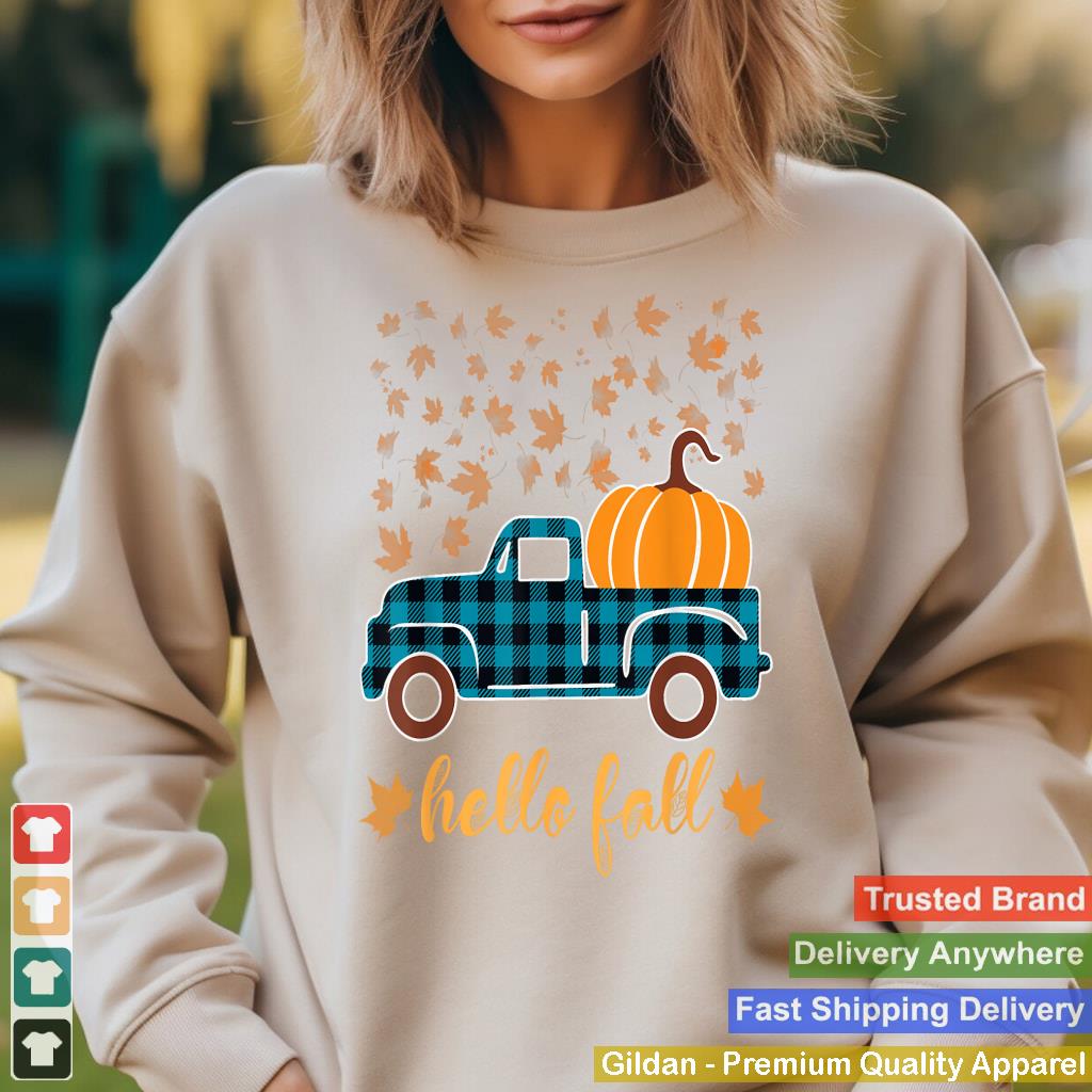 Hello Fall Shirt Funny Halloween Pumpkin Buffalo Plaid Truck