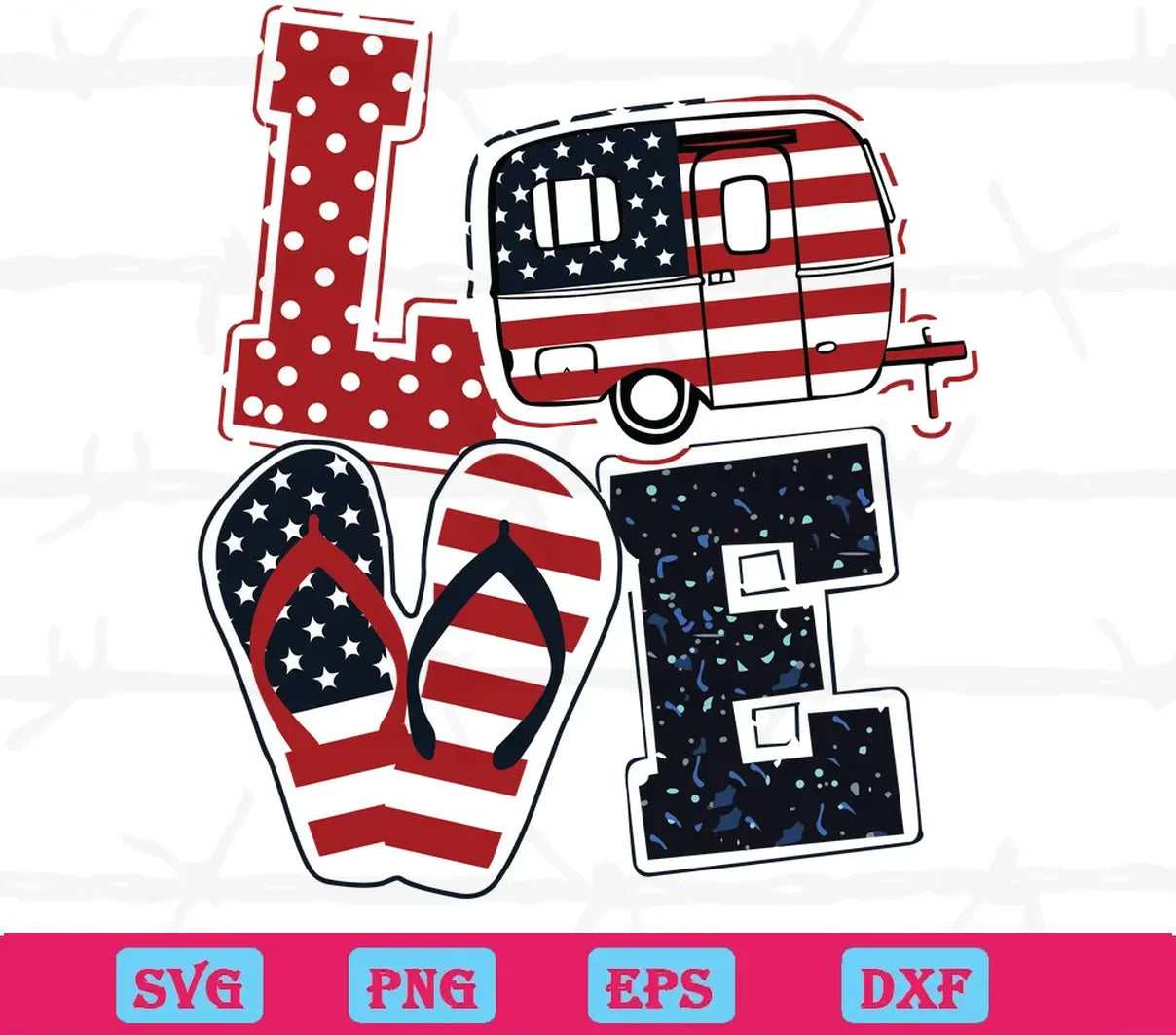 Love Camping American Flag 4Th July Camper Van Flip-Flops, Svg Clipart