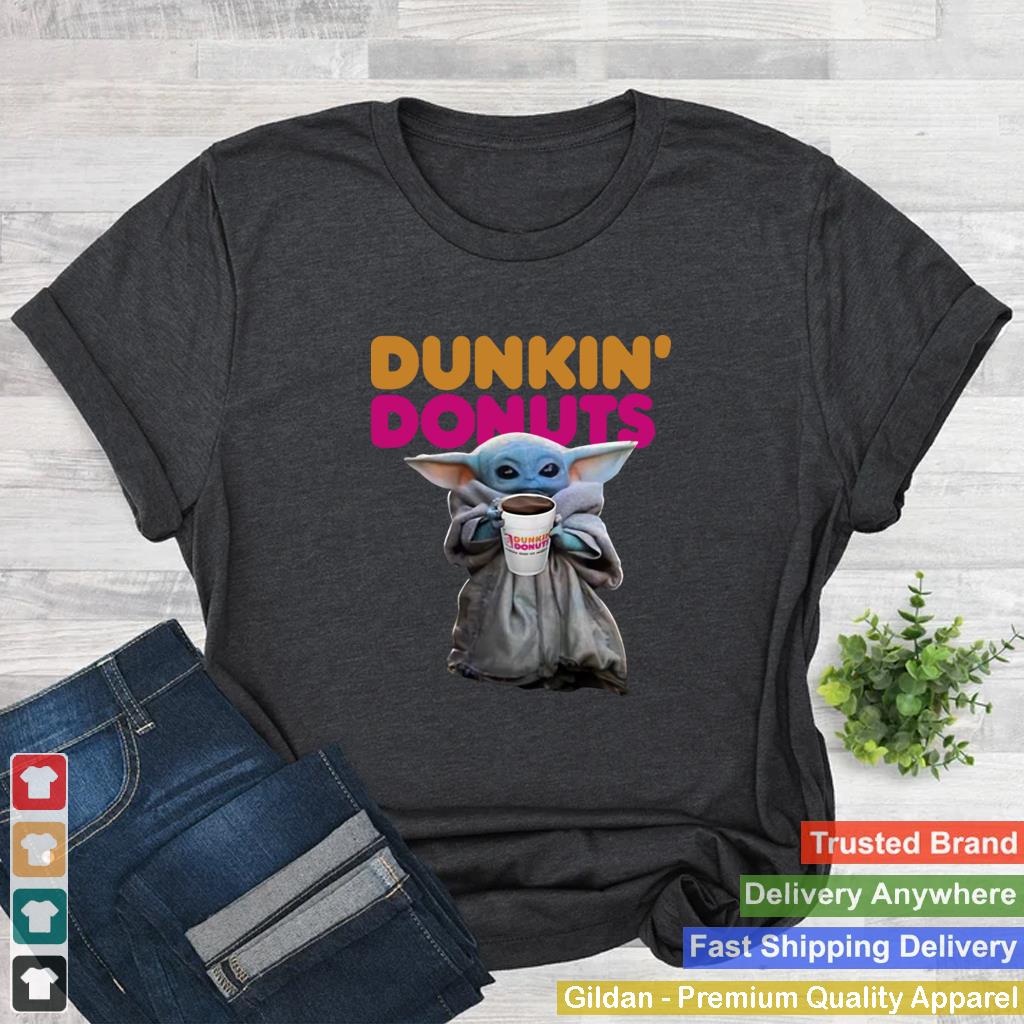 Baby Yoda holding Dunkin Donuts Star Wars shirt