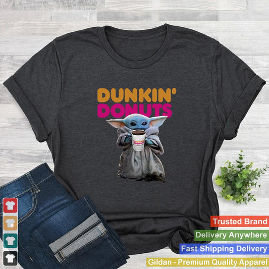 Baby Yoda holding Dunkin Donuts Star Wars shirt