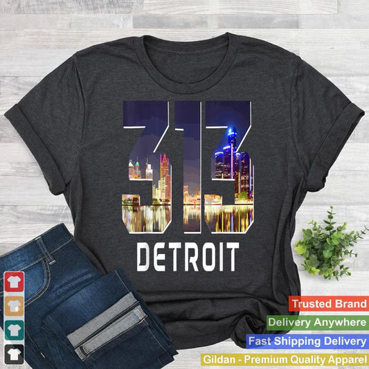 313 Detroit Area Code Night Skyline Vintage Pride Michigan