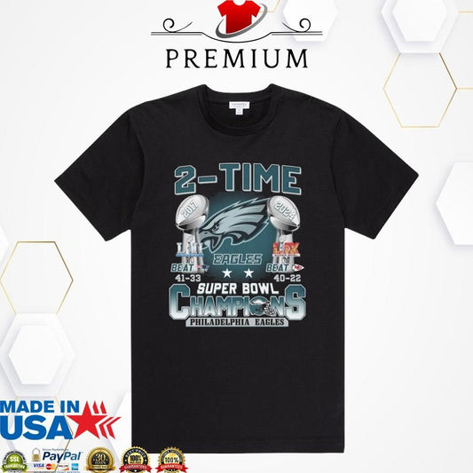 Official Philadelphia Eagles 2-Time Super Bowl LIX 2017 And 2025 Champions Shirt