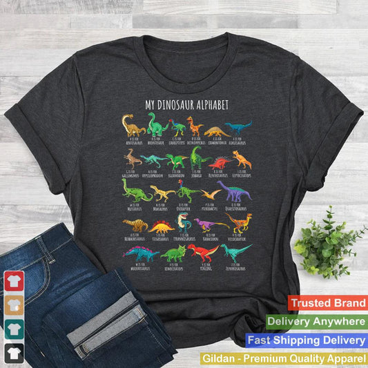 Types Of Dinosaurs Alphabet A-Z ABC Dino Identification Short Sleeve