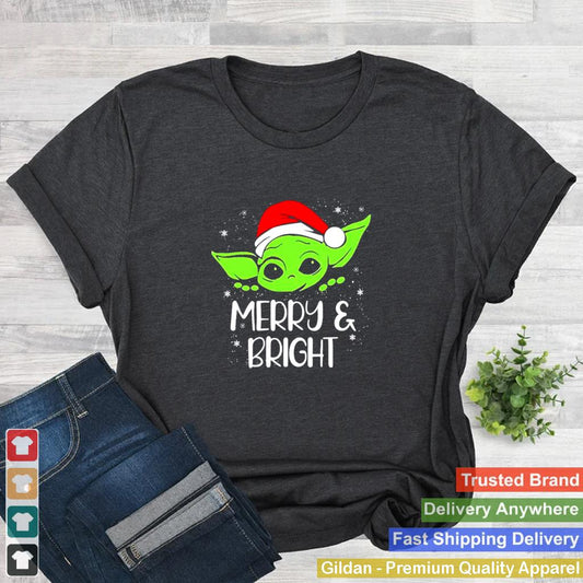 Baby Yoda hat Santa Merry and bright Christmas shirt