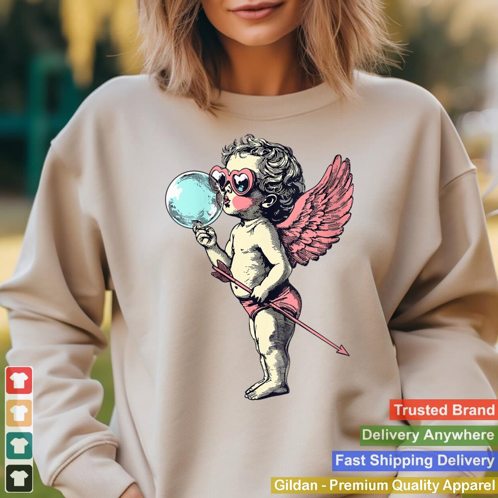 Womens Retro Cupid Valentine Day Cute Vintage Cupid Blowing Bubble V-Neck