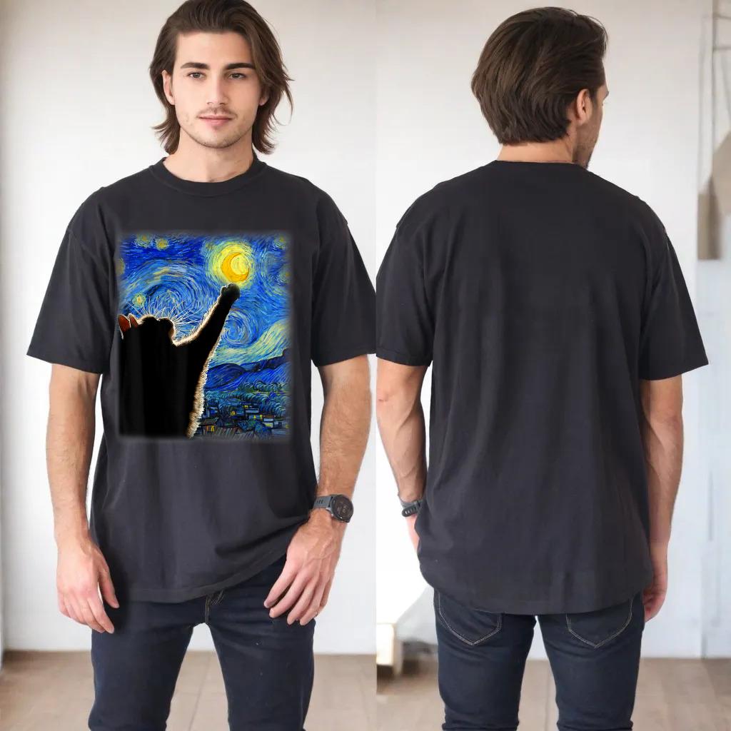 Van Gogh Starry Night Cat T-Shirt - Classic Fit, Cat LoverMomDad Gift, Black Crew Neck