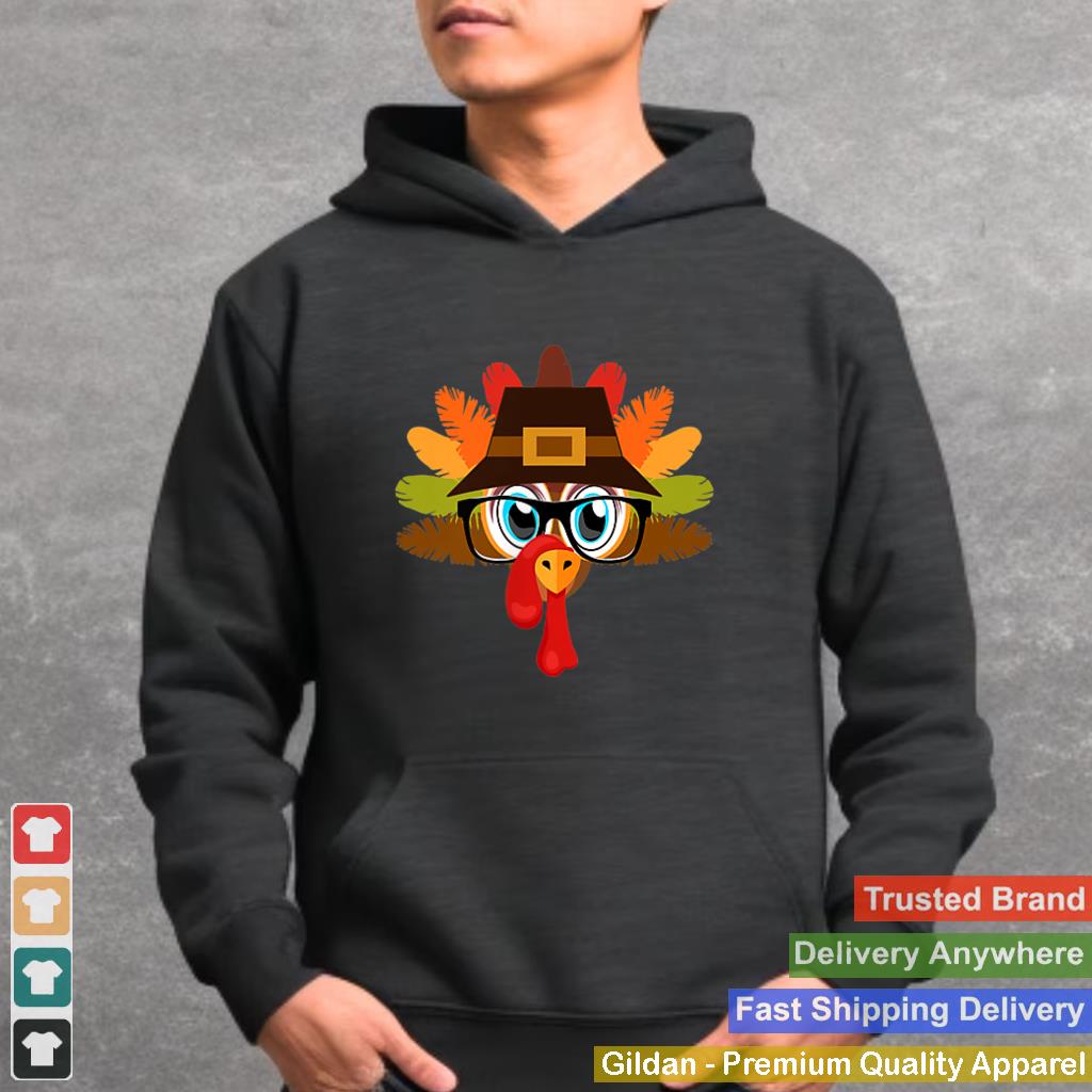 2 sided Thanksgiving Turkey Face Pilgrims Hat Glasses Tail T Shirt