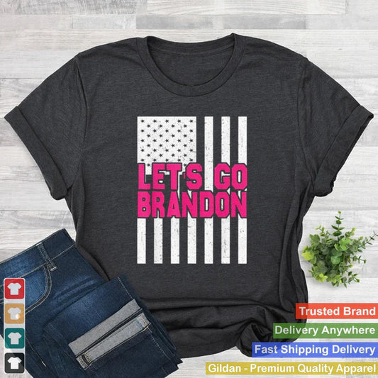 In October We Wear Lets Go Brandon Pink Text American Flag Shirt