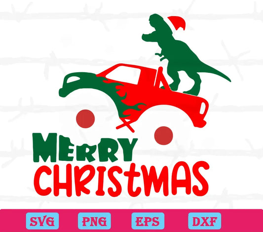 Merry Christmas Monster Truck With Dinosaur, Vector Files