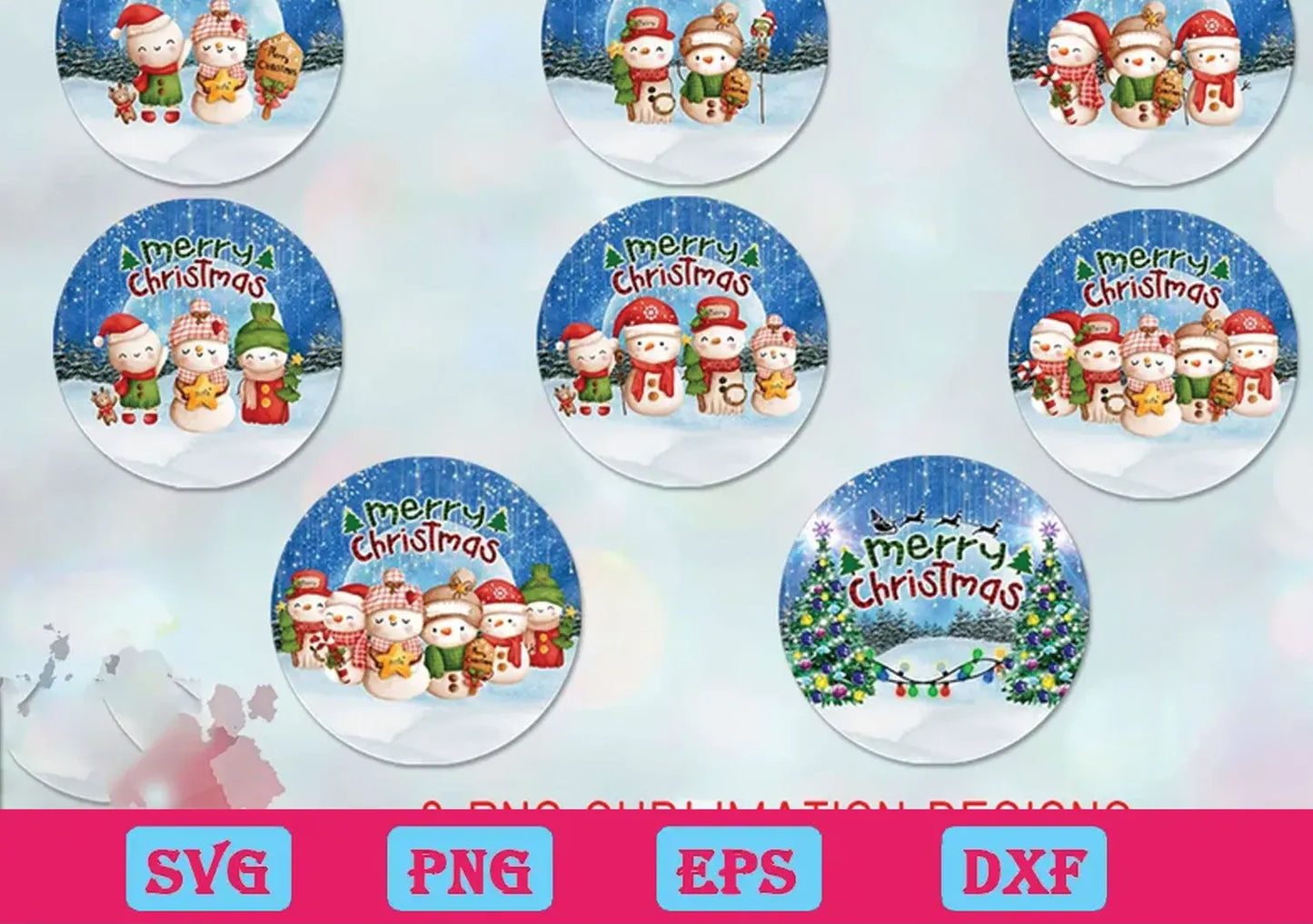 8 Christmas Snowman Family Round Ornament Bundle PNG