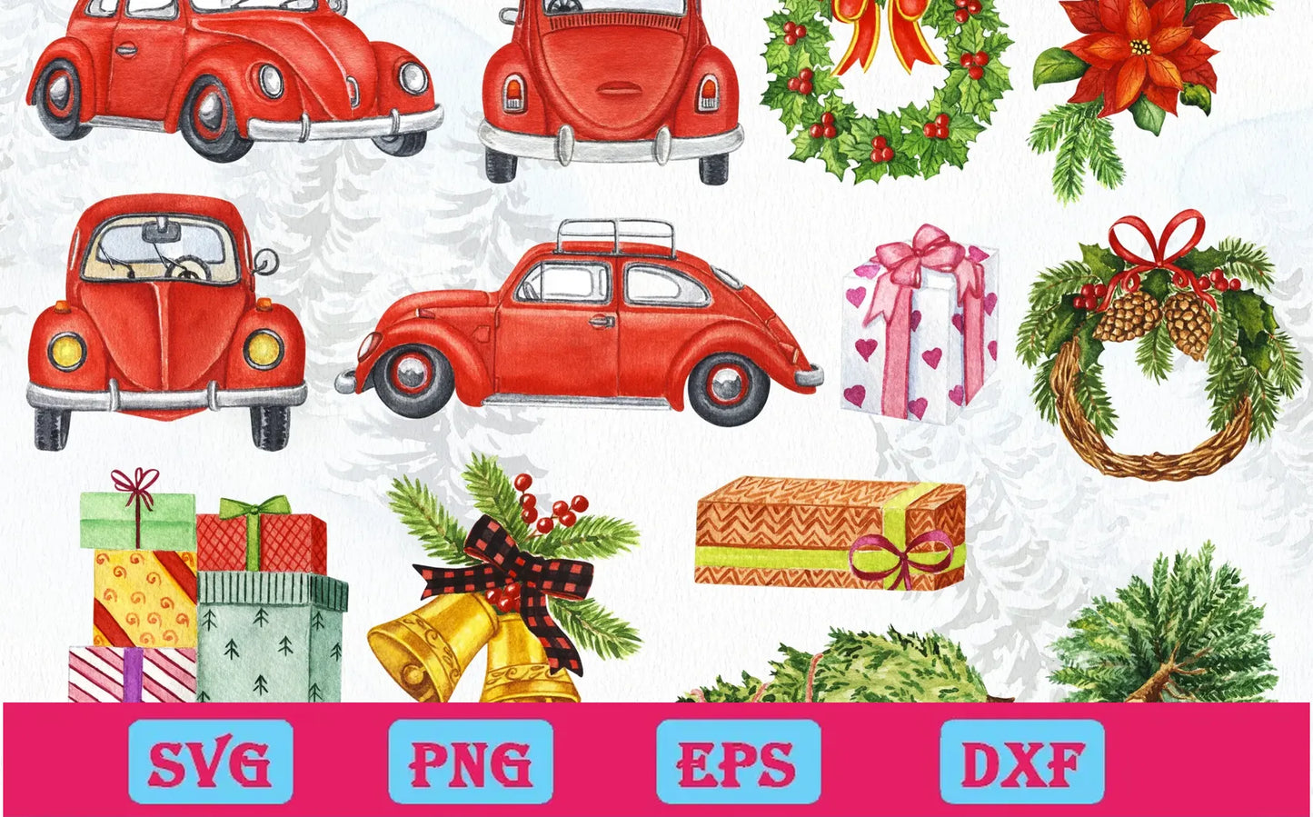 Watercolor Christmas Red Car Bundle Png