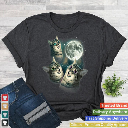 Funny Cat Shirt  Three Cat Moon 3 Wolfs Cute Kitten Graphic