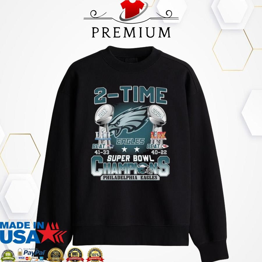 Official Philadelphia Eagles 2-Time Super Bowl LIX 2017 And 2025 Champions Shirt