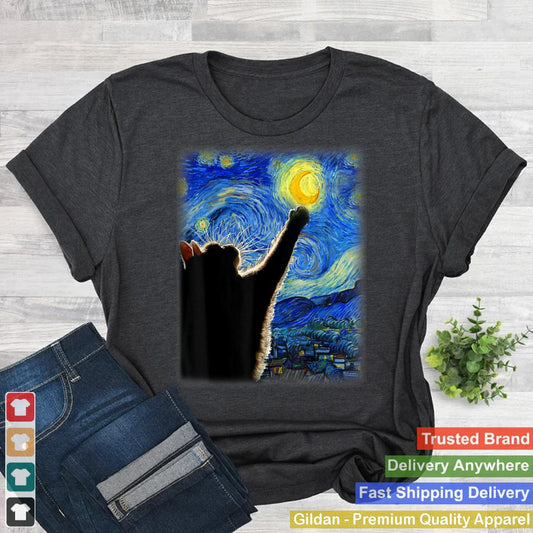 Van Gogh Starry Night Cat T-Shirt - Classic Fit, Cat LoverMomDad Gift, Black Crew Neck