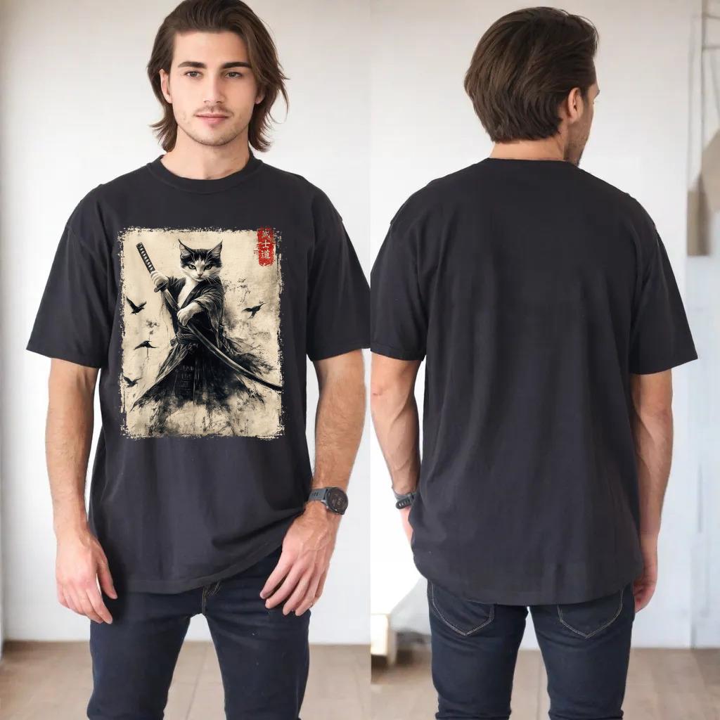 Samurai Cat Graphic Tee Warrior Vintage Japanese Art Anime