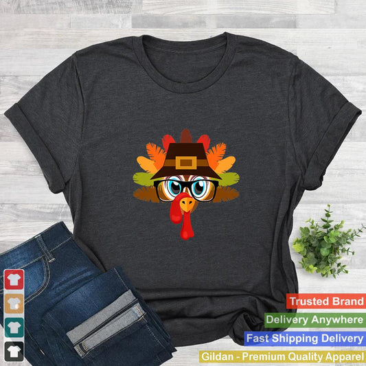 2 sided Thanksgiving Turkey Face Pilgrims Hat Glasses Tail T Shirt