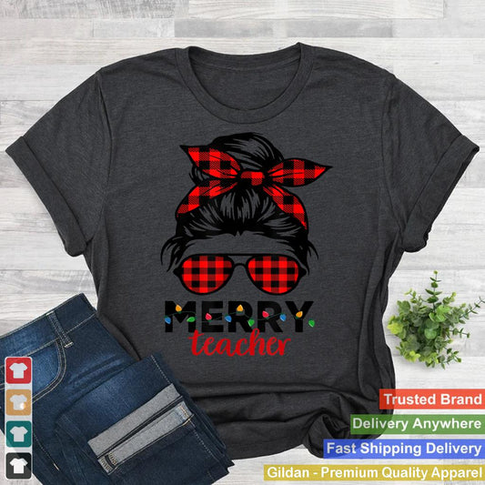 Merry Teacher Christmas Women Messy Bun Buffalo Plaid Xmas