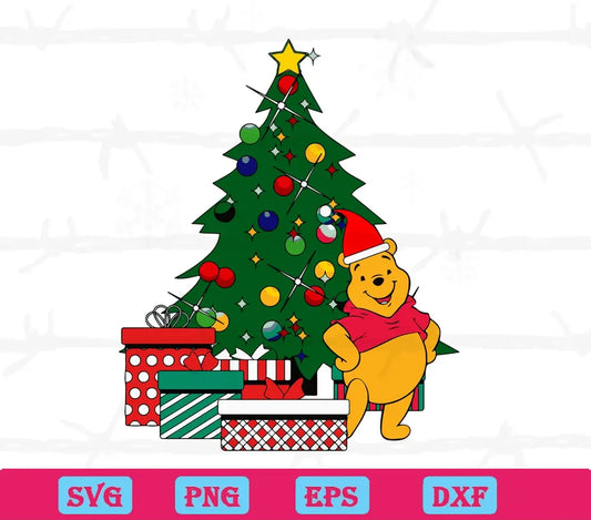 Winnie The Pooh With Christmas Hat And Tree, Digital File Svg