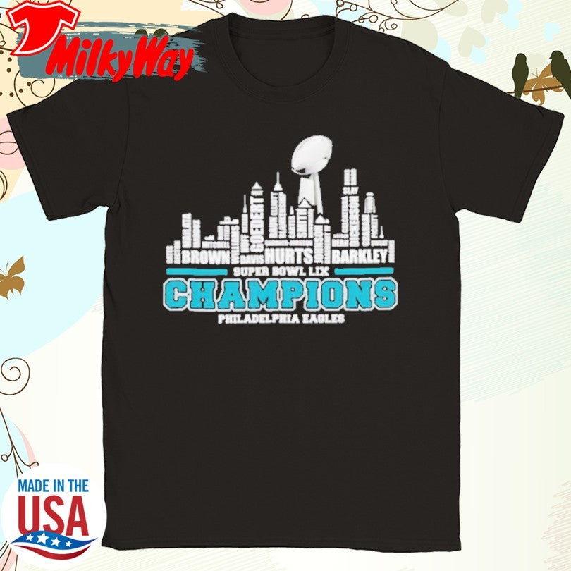 Official Philadelphia Eagles 2025 Super Bowl LIX champions team players city skyline shirt