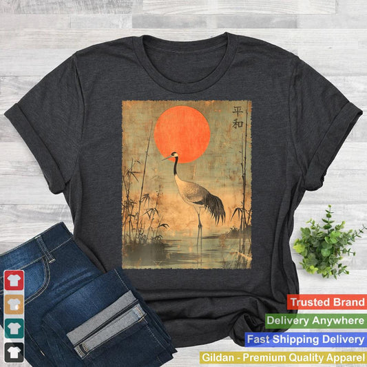 Vintage Crane and Red Sun Vintage Japanese Woodblock Art