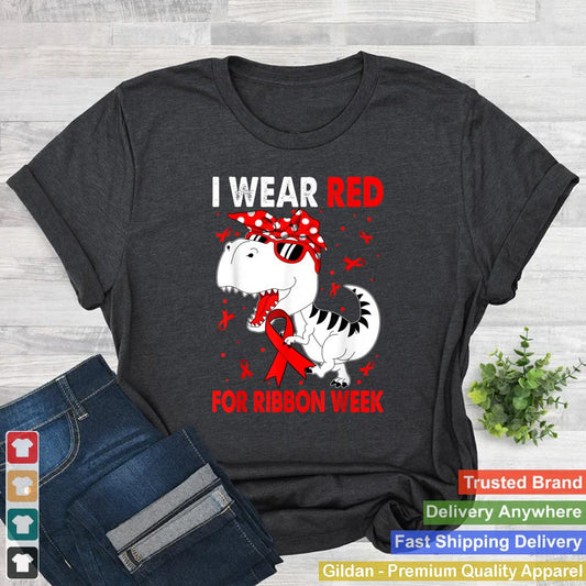 In October We Wear Red Ribbon Week Awareness Dinosaur Boys T Shirt 2