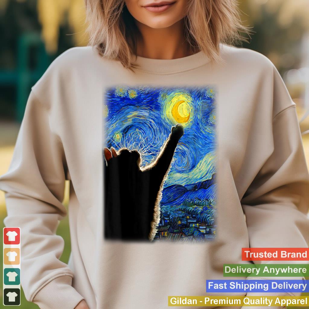 Van Gogh Starry Night Cat T-Shirt - Classic Fit, Cat LoverMomDad Gift, Black Crew Neck