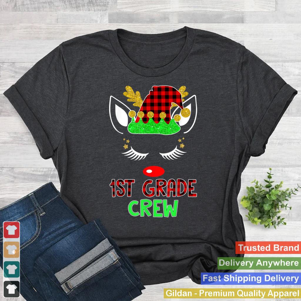 1st Grade Crew Christmas Pajama Funny Unicorn Face Red Plaid T Shirt