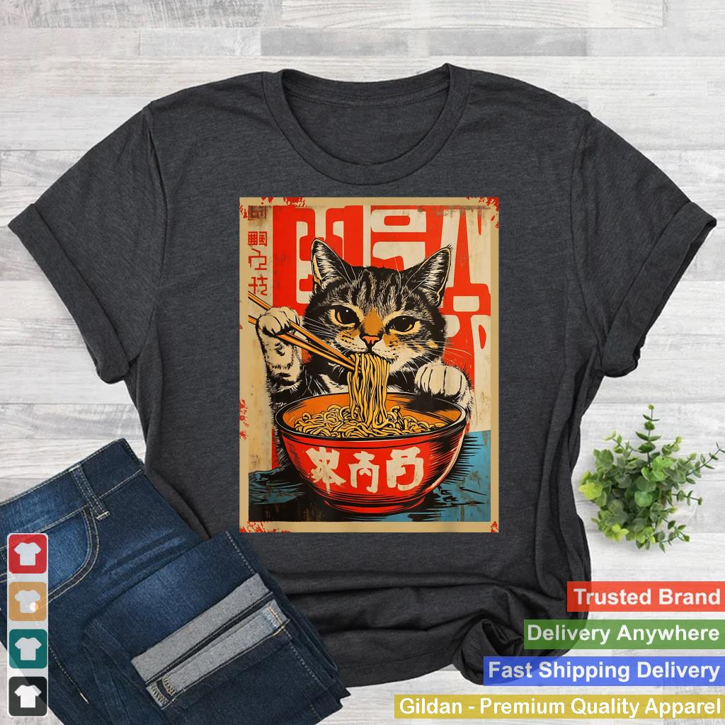 Vintage Cat Eating Ramen Noodles Japanese Art