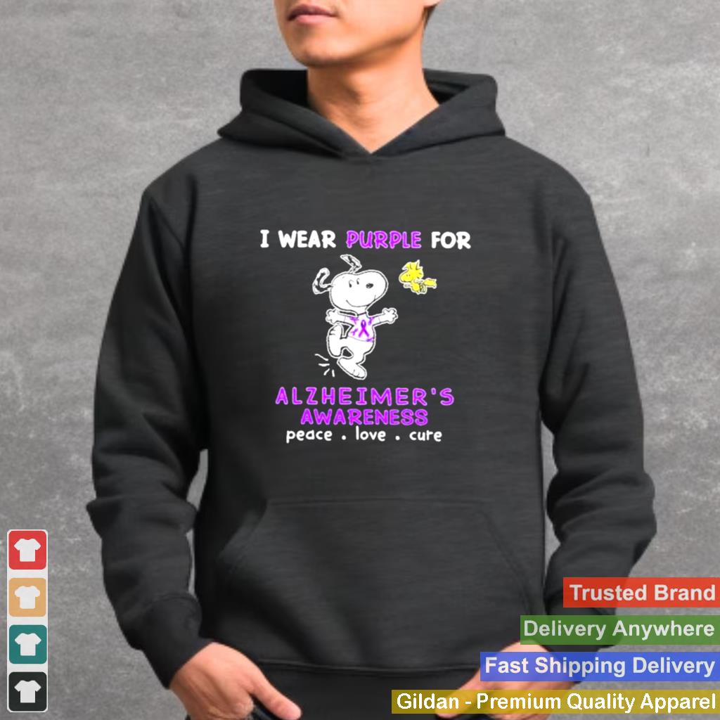 I Wear Purple For Alzheimers Awareness Peace Love Cute Snoopy Shirt