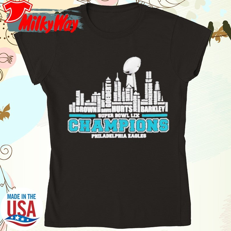 Official Philadelphia Eagles 2025 Super Bowl LIX champions team players city skyline shirt