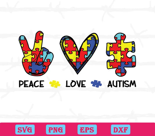 Puzzle Piece Peace Love Autism Hand Heart, Svg Clipart