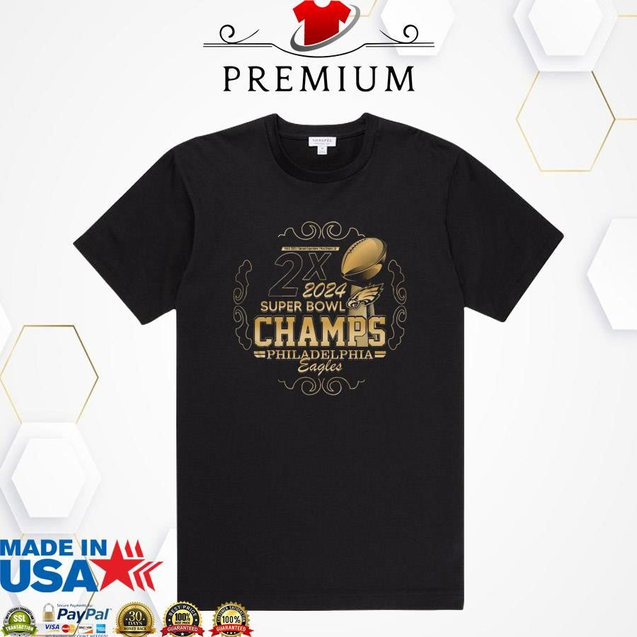 Official Philadelphia Eagles 2x 2025 Super Bowl Champs Gold Shirt