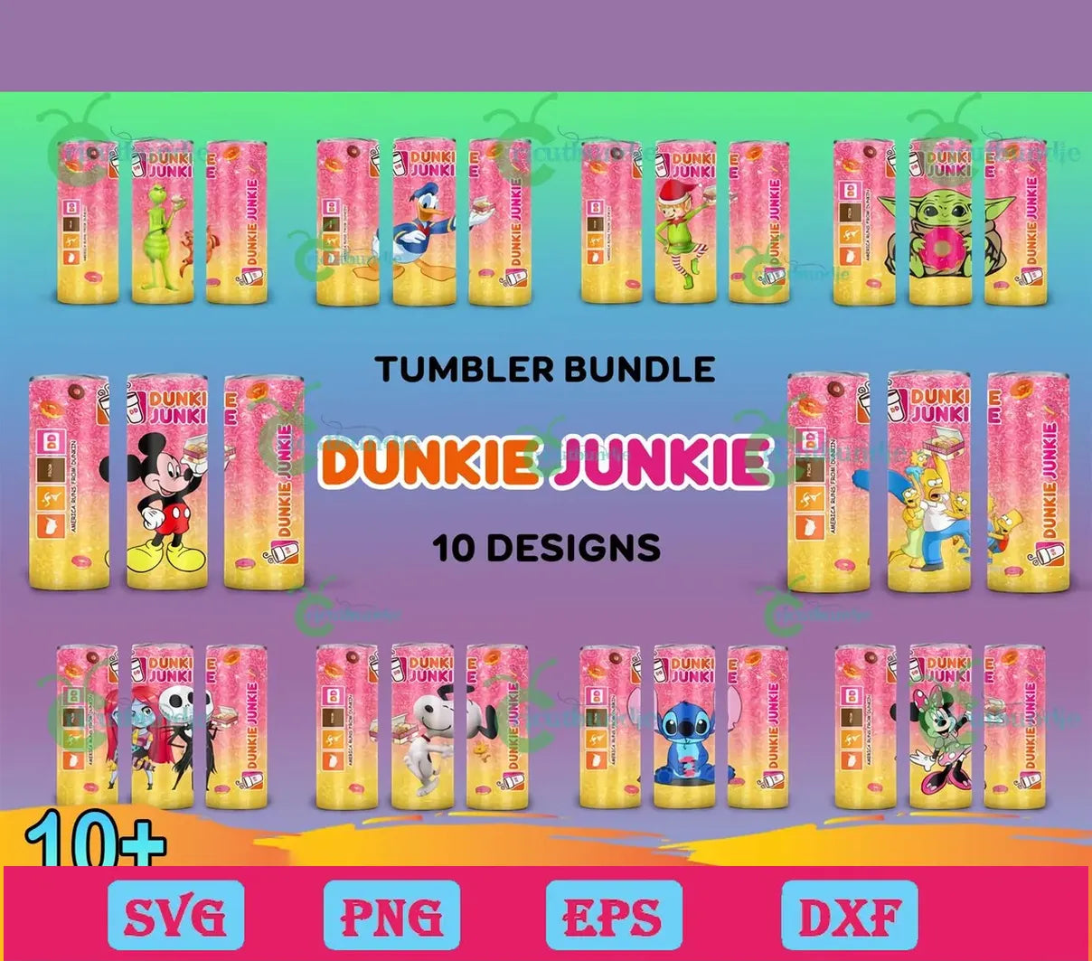 10 Disney Dunkie Junkie Tumbler PNG Bundle, 20oz Wrap Png