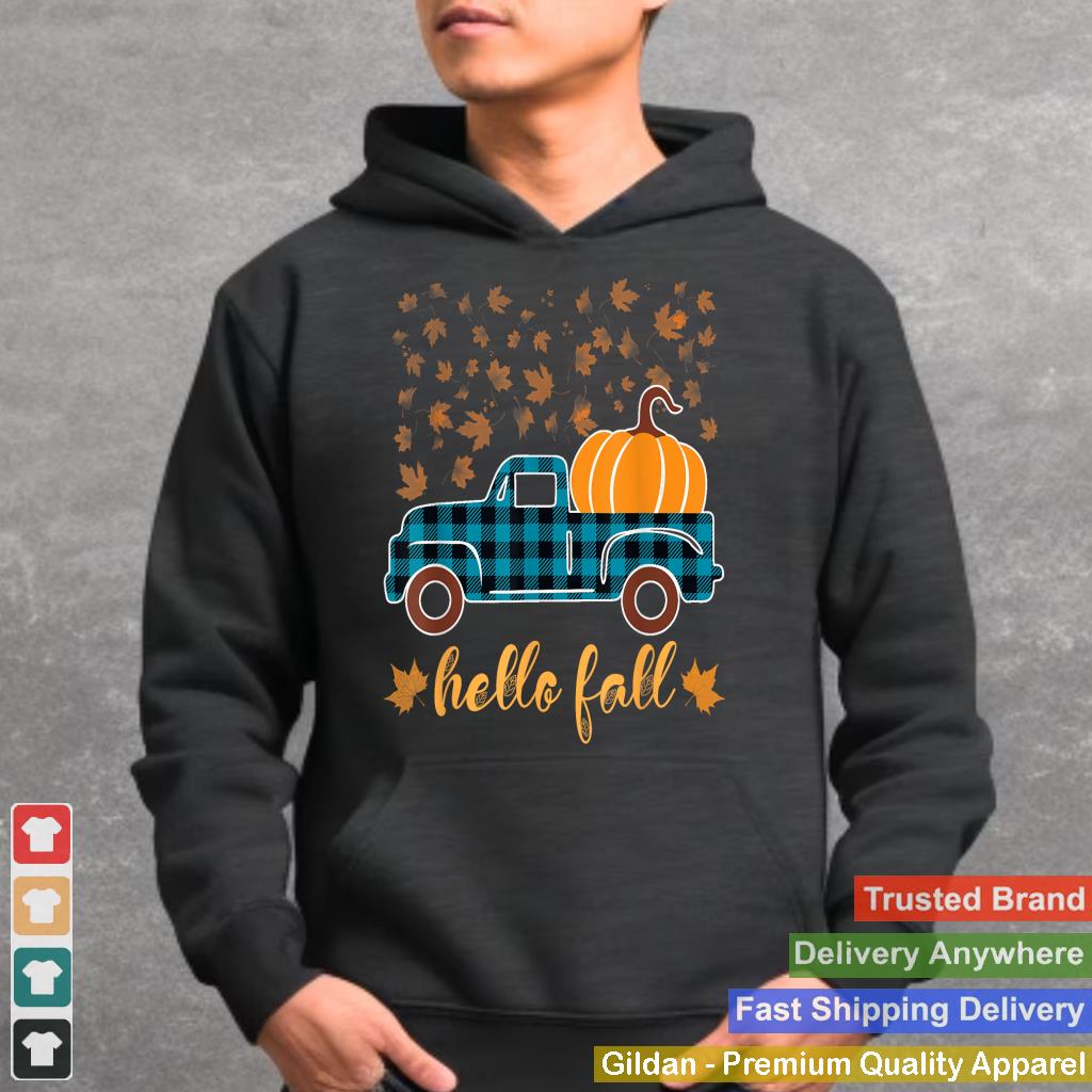 Hello Fall Shirt Funny Halloween Pumpkin Buffalo Plaid Truck