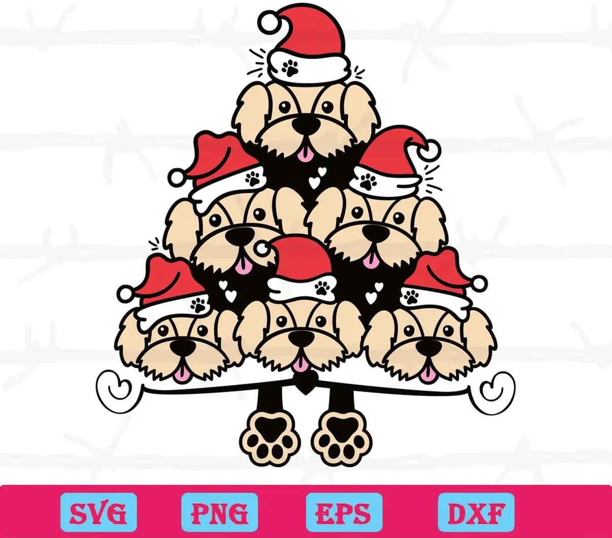 Dogs Wearing Santa Hats Christmas Tree, Vector Svg