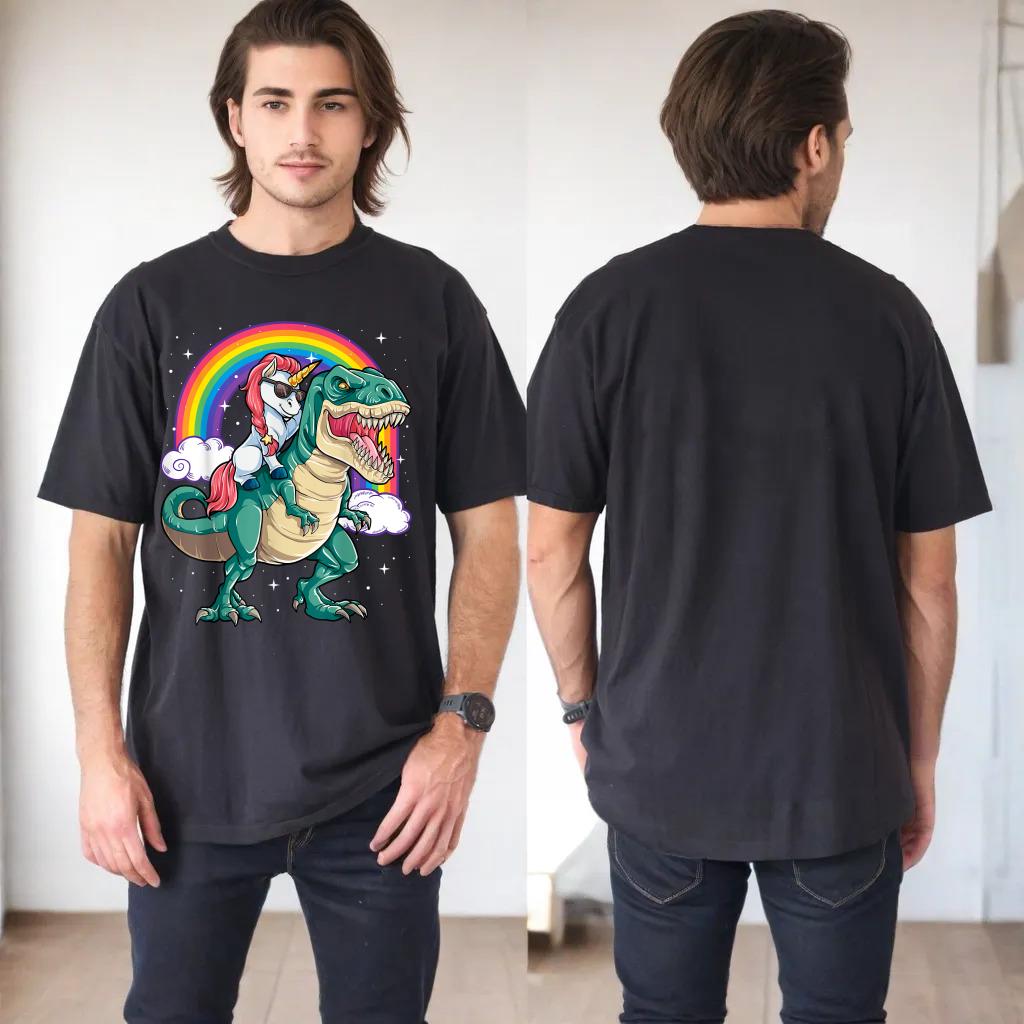 Unicorn Riding T rex Dinosaur Boys Girls Men Women Rainbow