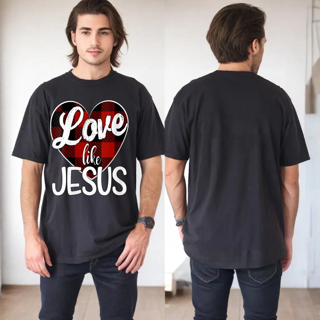 Love Like Jesus Red Plaid Buffalo Heart V-Neck