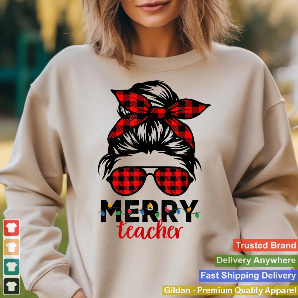 Merry Teacher Christmas Women Messy Bun Buffalo Plaid Xmas