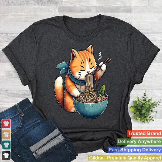 Cute Adorable Kawaii Orange Tabby Cat Eating Ramen Noodles