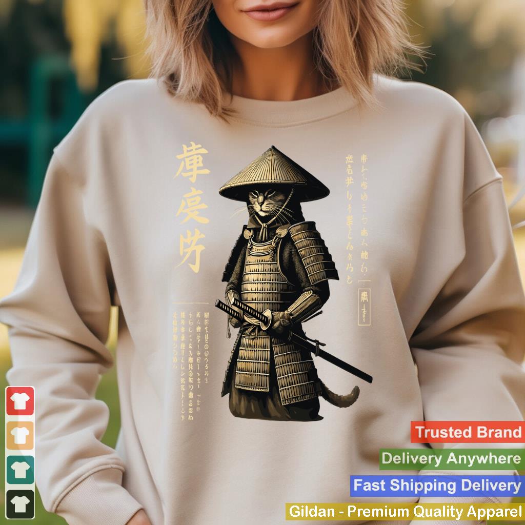 Samurai Cat Graphic Tee Warrior Vintage Japanese Art Anime Long Sleeve