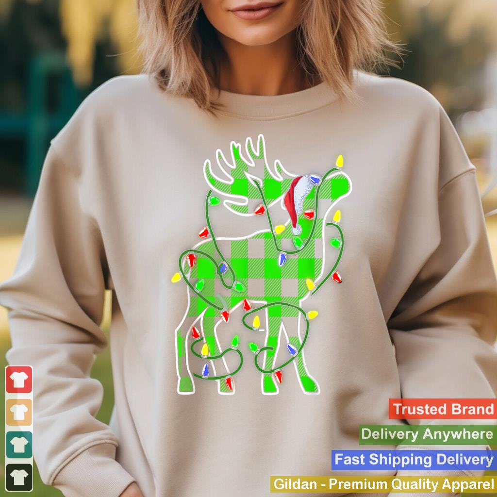 Green Plaid Buffalo Deer Christmas Pajamas Xmas Lights Tee