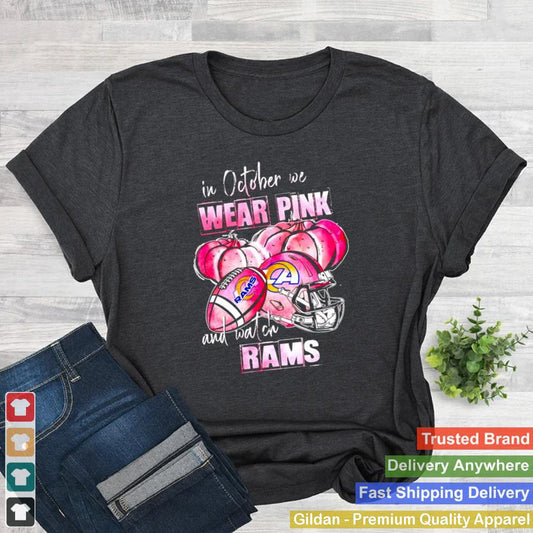 In october we wear pink and watch Rams Breast Cancer Halloween shirt